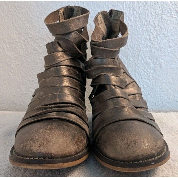 Free People Booties Sz 37 US 7 Silver Hybrid Leather Strappy Ankle Boots Heeled - Picture 2 of 11